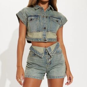 Fashion Nova Brenda Washed Denim Short Set - Vintage Wash
